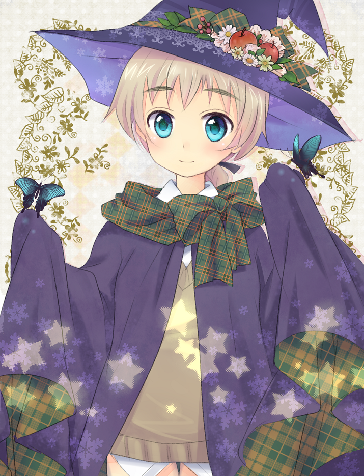 1girl, apple, blonde_hair, bow, butterfly, cape, eyebrows, flower
