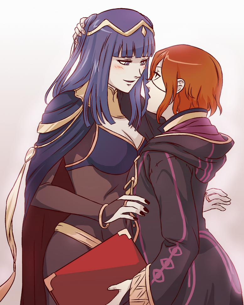 2girls, bangle, black_nails, blush, bodysuit, bracelet, breasts, bridal_gauntlets, cape, circlet, cleavage, eye_contact, fire_emblem, fire_emblem:_kakusei, flauschtraut, hand_behind_head, height_difference, hooded_cloak, jewelry, long_hair, looking_at_another, multiple_girls, my_unit, nail_polish, purple_hair, redhead, sarja, short_hair, two_side_up, violet_eyes, yuri