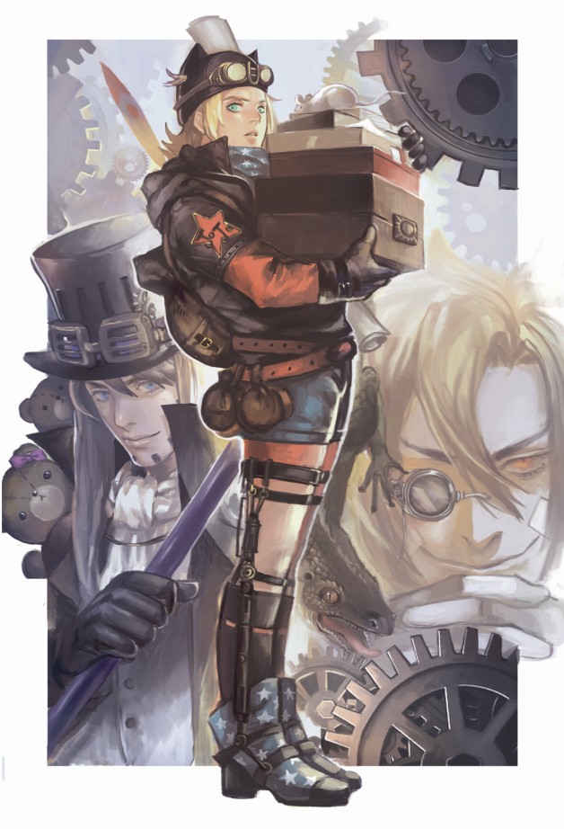 3boys, aviator_cap, blonde_hair, diego_brando, gears, gloves, goggles, green_eyes