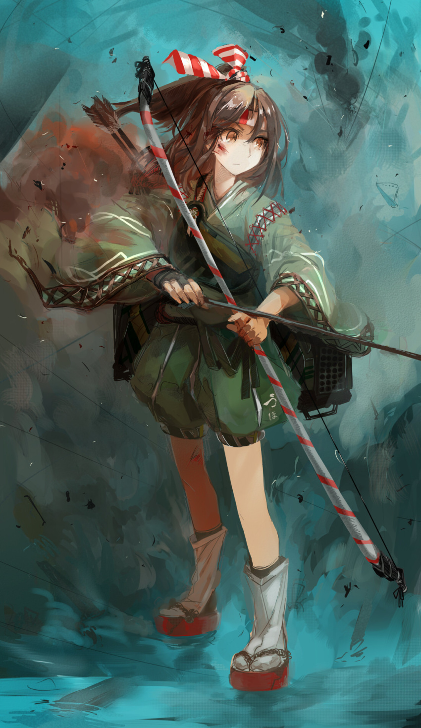 1girl, archery, armor, arrow, battle, blood, blood_on_face, bow_(weapon)