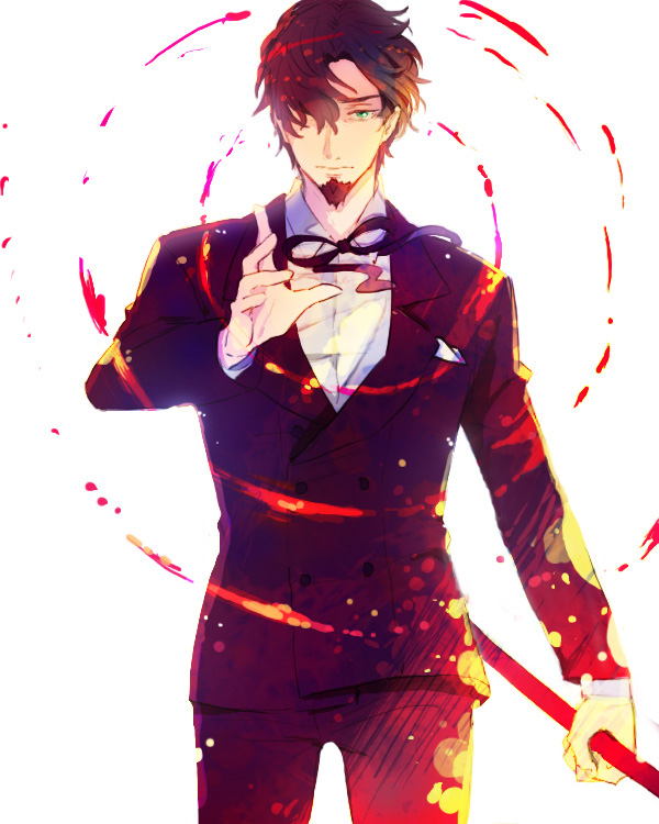 1boy, brown_hair, facial_hair, fate/zero, fate_(series), fire, formal, goatee