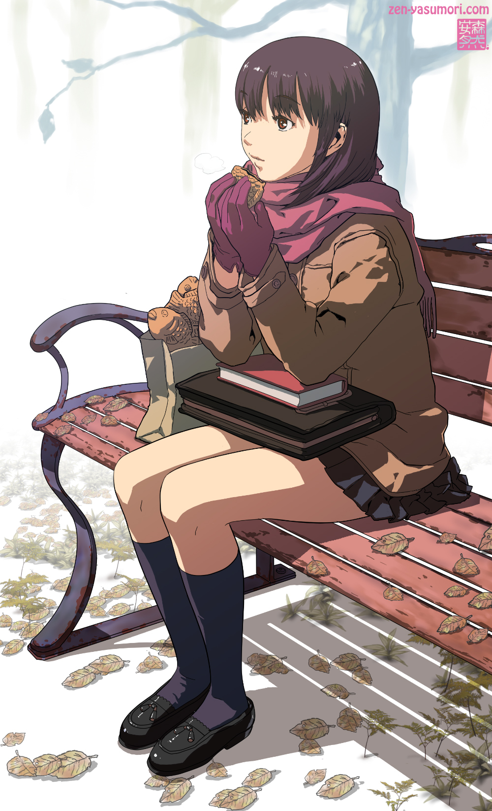 bag, bench, book, brown_eyes, brown_hair, fish, food, gloves