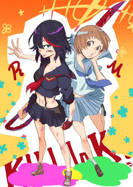 2girls, bandaid, black_hair, blue_eyes, brown_eyes, brown_hair, bruise, injury