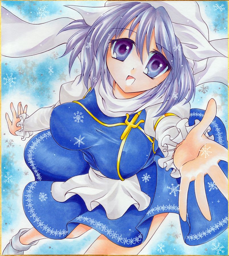 1girl, amedama_(mikan_ame), apron, blue_eyes, blush, breasts, hat, lavender_hair, letty_whiterock, long_sleeves, open_mouth, scarf, short_hair, skirt, smile, snowflakes, solo, touhou, traditional_media, vest