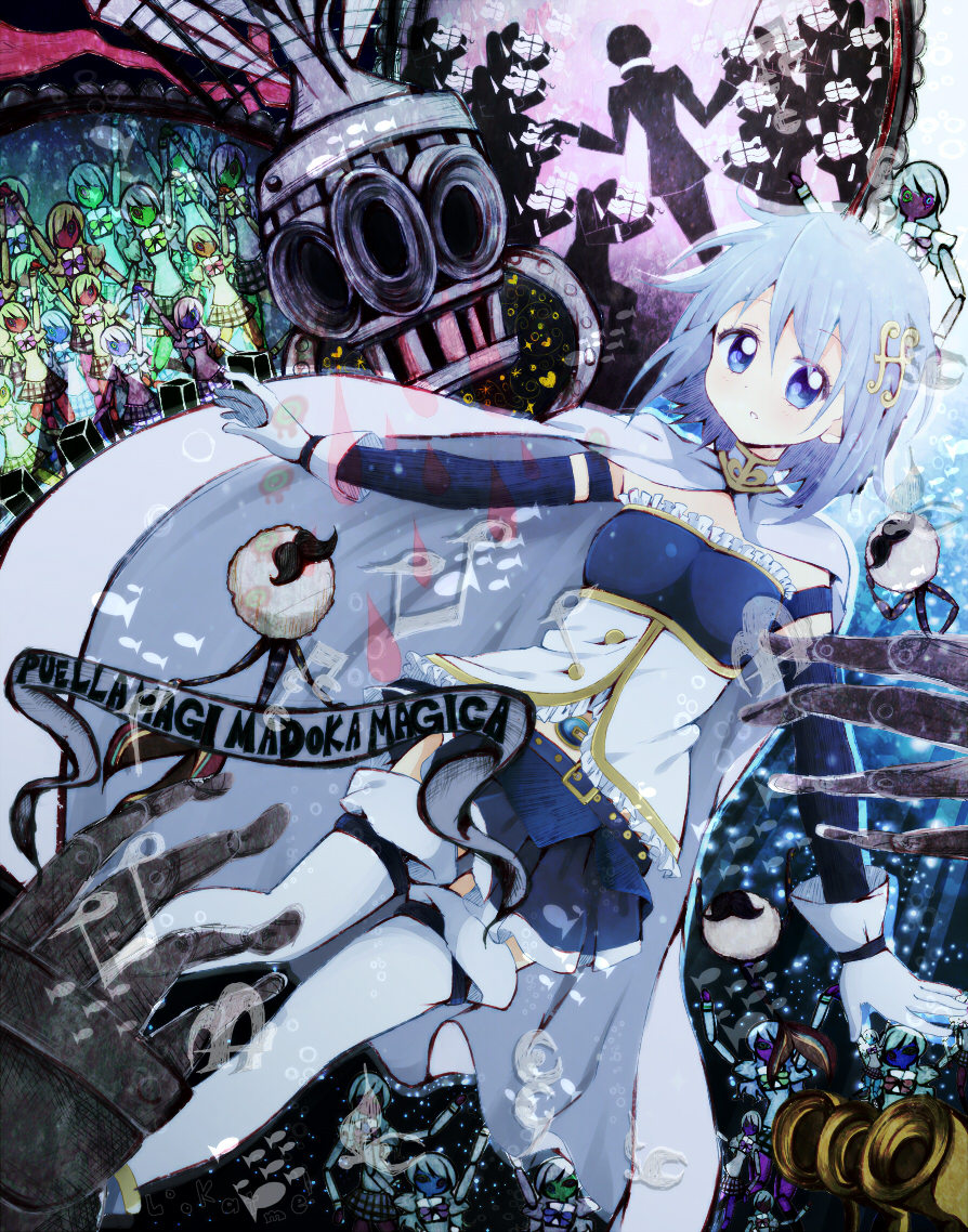 1girl, anthony_(madoka_magica), baton_(instrument), belt, blue_eyes, blue_hair, blush, bowtie