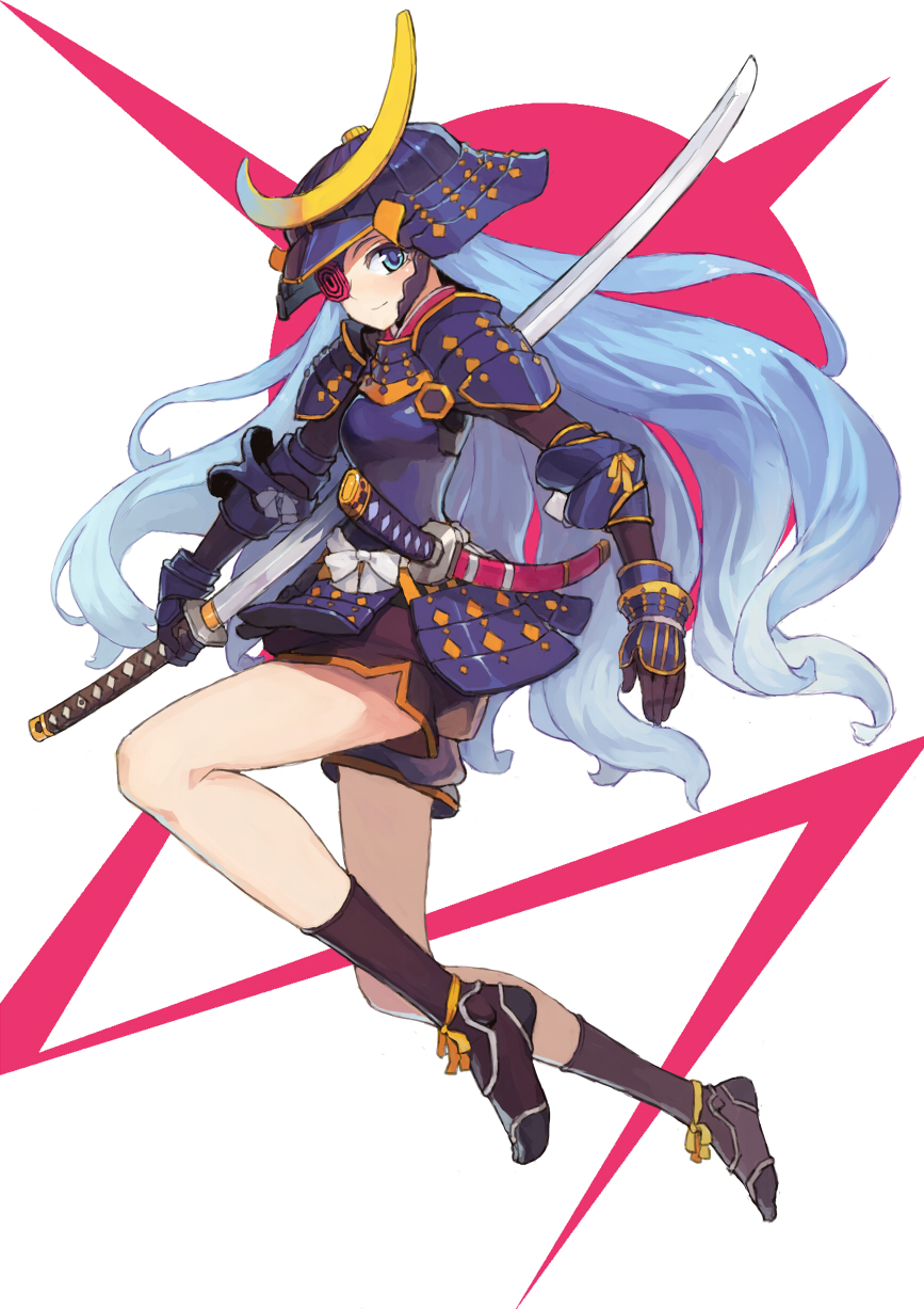 armor, blue_eyes, blue_hair, eyepatch, helmet, highres, kabuto, katana