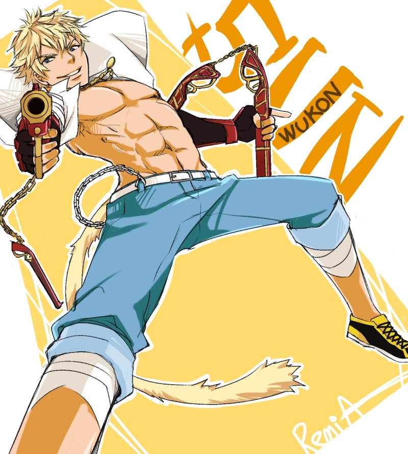1boy, abs, aiming_at_viewer, belt, blonde_hair, chain, gun, jeans