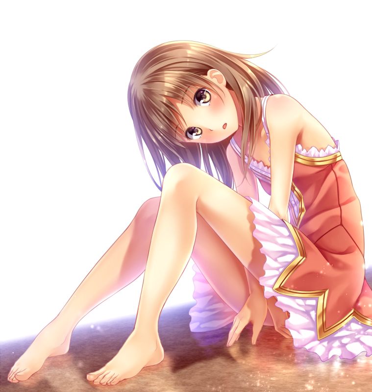 1girl, atelier_(series), atelier_totori, barefoot, brown_eyes, brown_hair, long_hair, solo