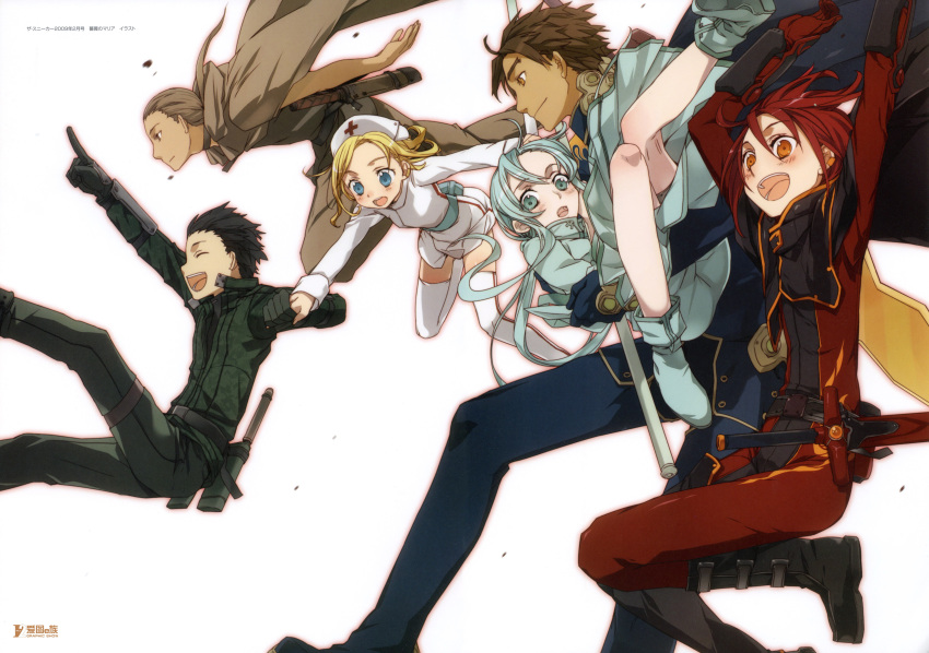 2girls, 4boys, absurdres, aqua_eyes, aqua_hair, bara_no_maria, black_hair, blonde_hair