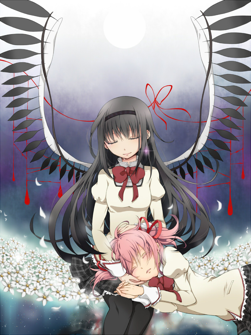 2girls, ^_^, akemi_homura, black_hair, bow, closed_eyes, flower, hair_ribbon