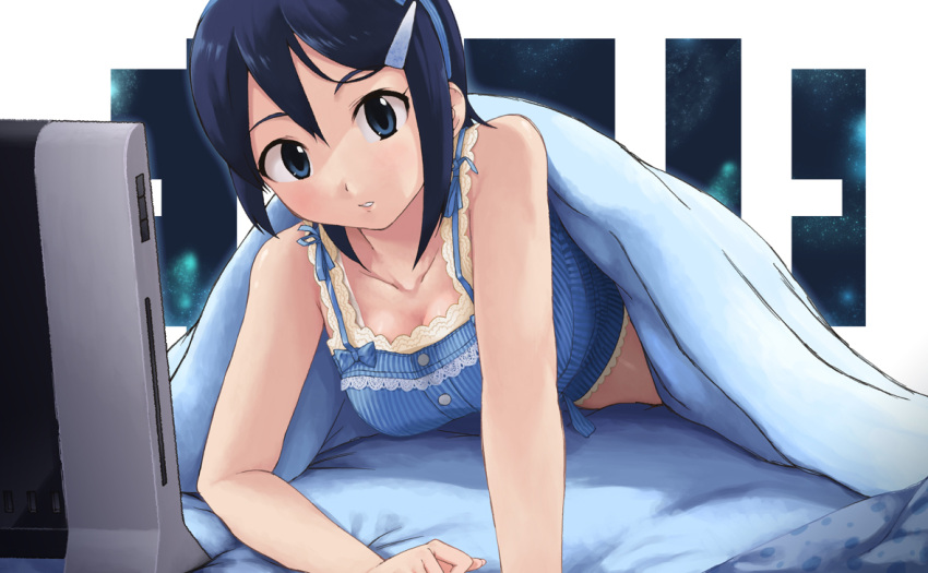 1girl, blue_eyes, blue_hair, bra, hair_ornament, hairclip, idolmaster, idolmaster_dearly_stars