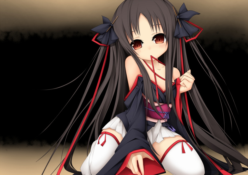 1girl, black_hair, blush, hito_kakera, kikou_shoujo_wa_kizutsukanai, long_hair, red_eyes, ribbon