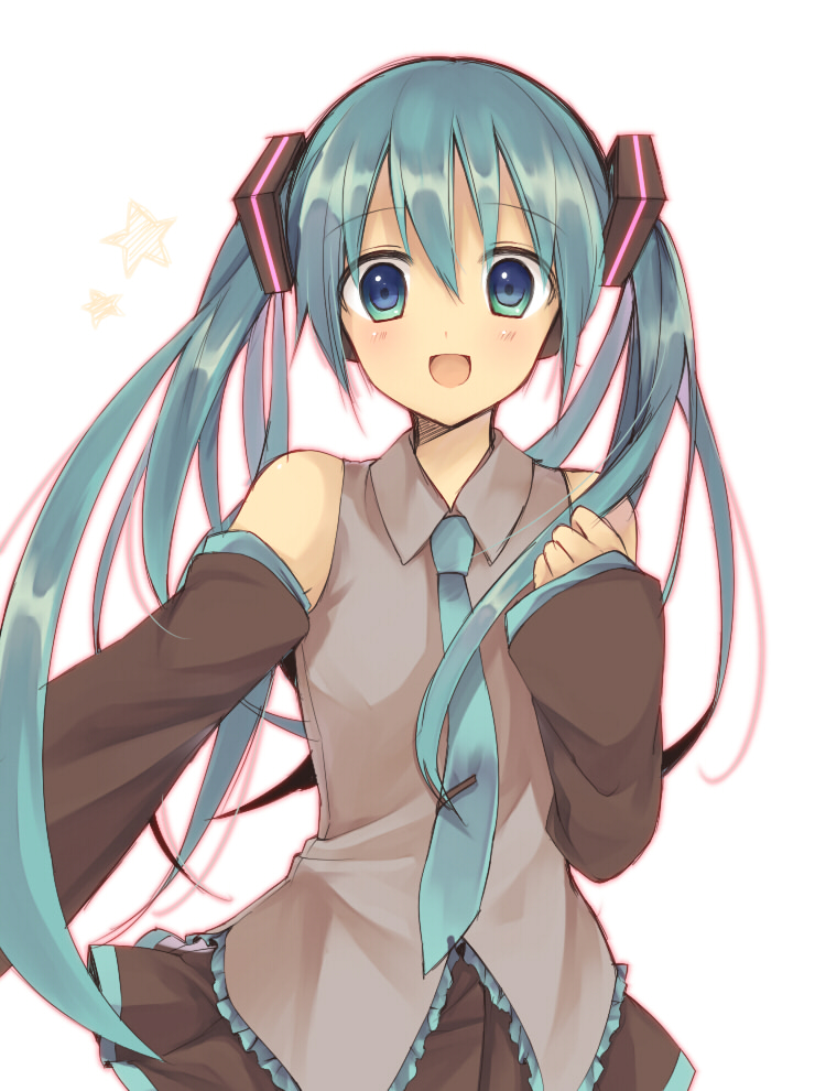 1girl, aqua_eyes, aqua_hair, blush, detached_sleeves, hatsune_miku, horon, long_hair