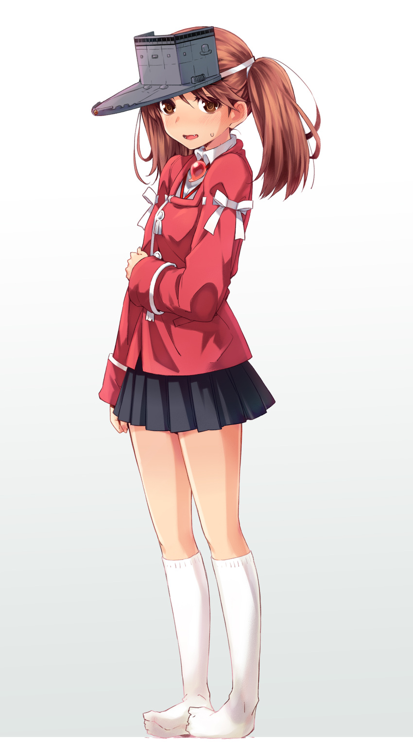 1girl, absurdres, arm_grab, blush, brown_eyes, brown_hair, hair_ornament, hat