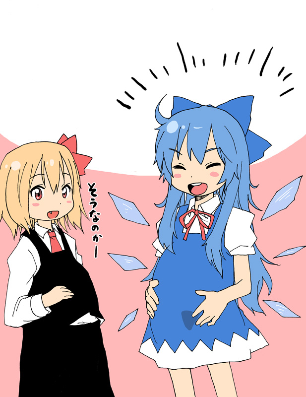 alternate_hair_length, alternate_hairstyle, arekusa_mahon, bad_id, blonde_hair, blue_hair, bow, cirno