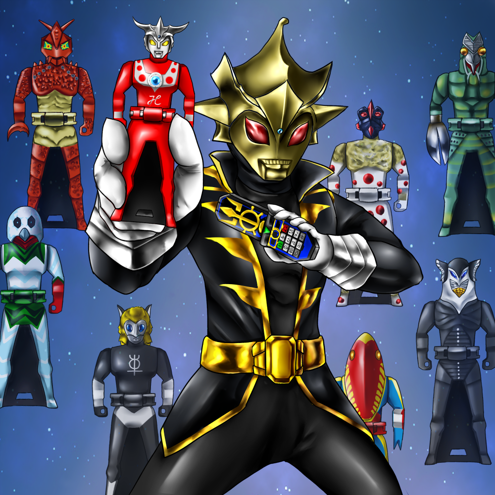 1boy, bad_id, bad_pixiv_id, baltan_seijin, comar_(komaaru), crossover, figure, gloves, guts_seijin, kaizoku_sentai_gokaiger, magma_seijin, male_focus, mephilas_seijin, metron_seijin, nackle_seijin, ranger_key, red_eyes, solo, space, super_sentai, teeth, ultra_series, ultraman_leo, ultraman_leo_(series), ultraman_tarou_(series), valkie_seijin, yapool