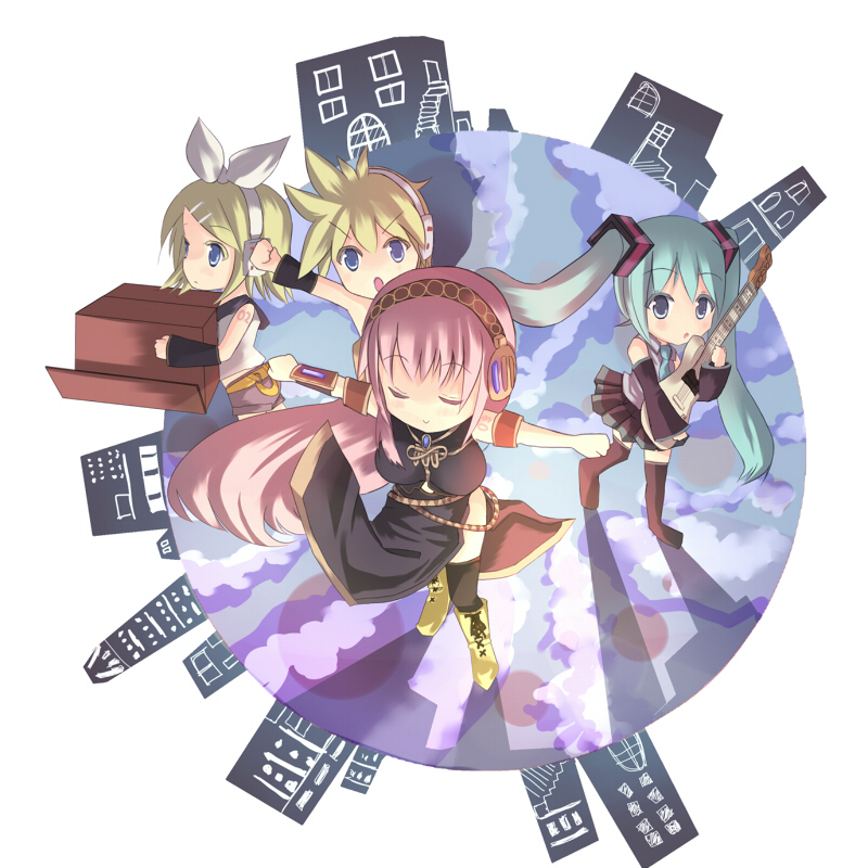 blue_eyes, bow, closed_eyes, double_lariat_(vocaloid), hakobako_player_(vocaloid), hatsune_miku, headphones, kagamine_len