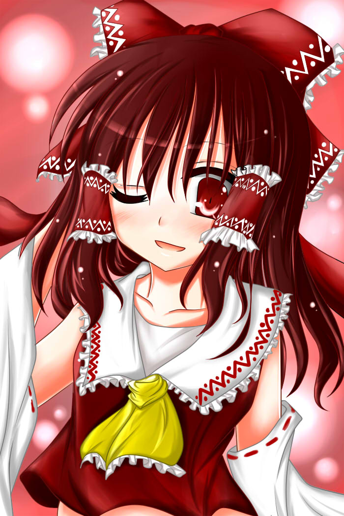 1girl, bare_shoulders, bow, brown_hair, collarbone, detached_sleeves, hair_bow, hair_tubes