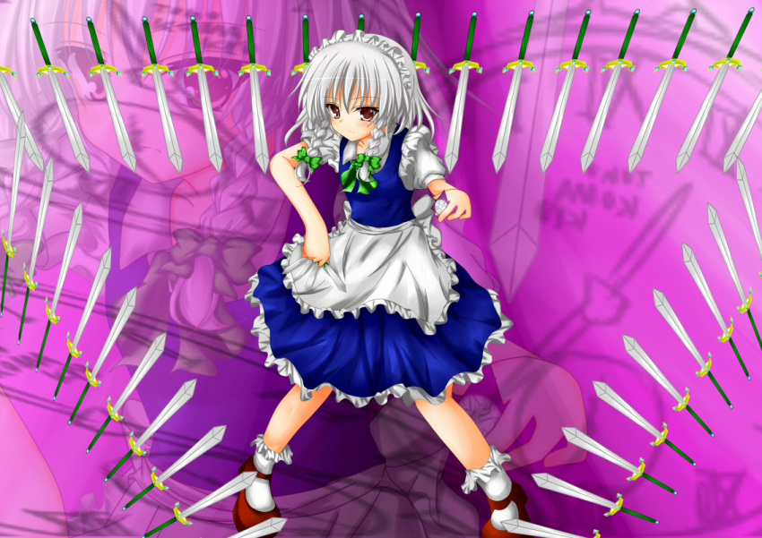 1girl, bow, braid, hair_bow, izayoi_sakuya, knife, maid_apron, maid_headdress
