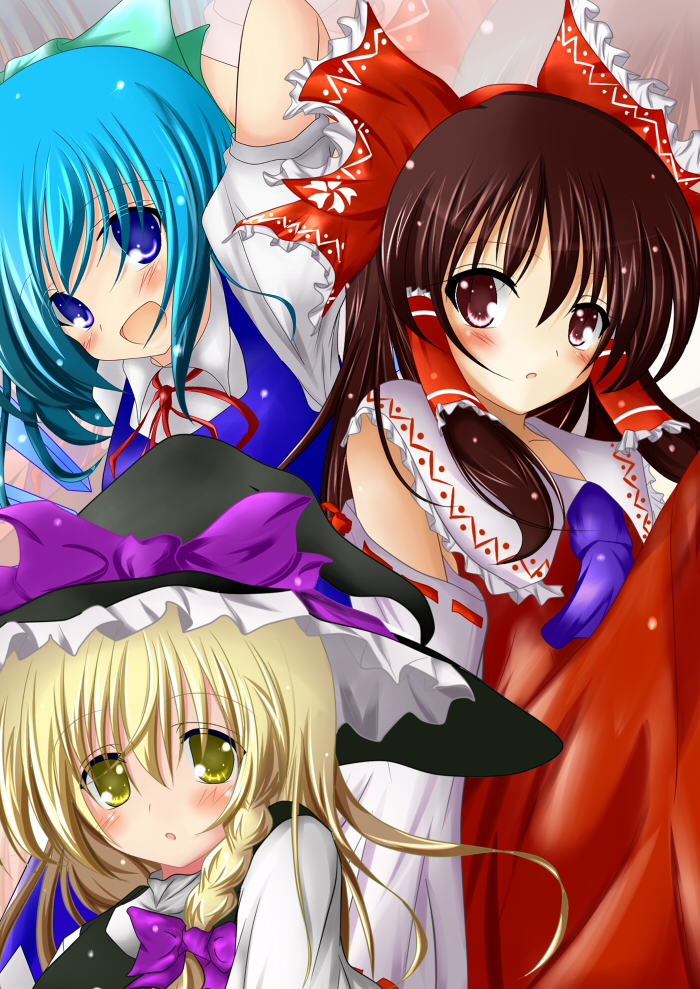 3girls, bare_shoulders, blonde_hair, blue_eyes, blue_hair, blush, bow, braid