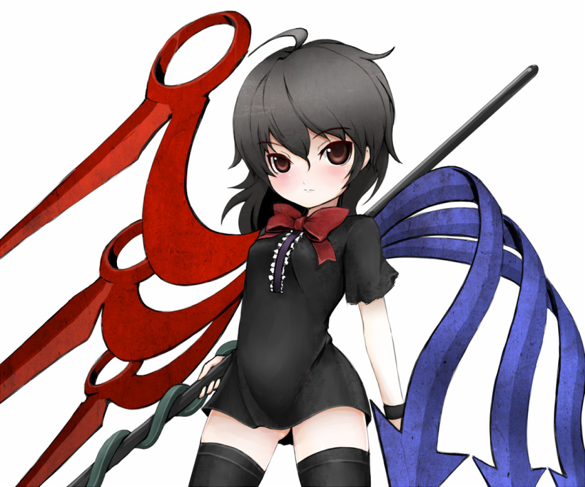 ahoge, black_hair, black_legwear, bowtie, brown_eyes, houjuu_nue, polearm, shishigami_(pixiv), shishigami_(sunagimo), thighhighs, touhou, weapon, wings, zettai_ryouiki