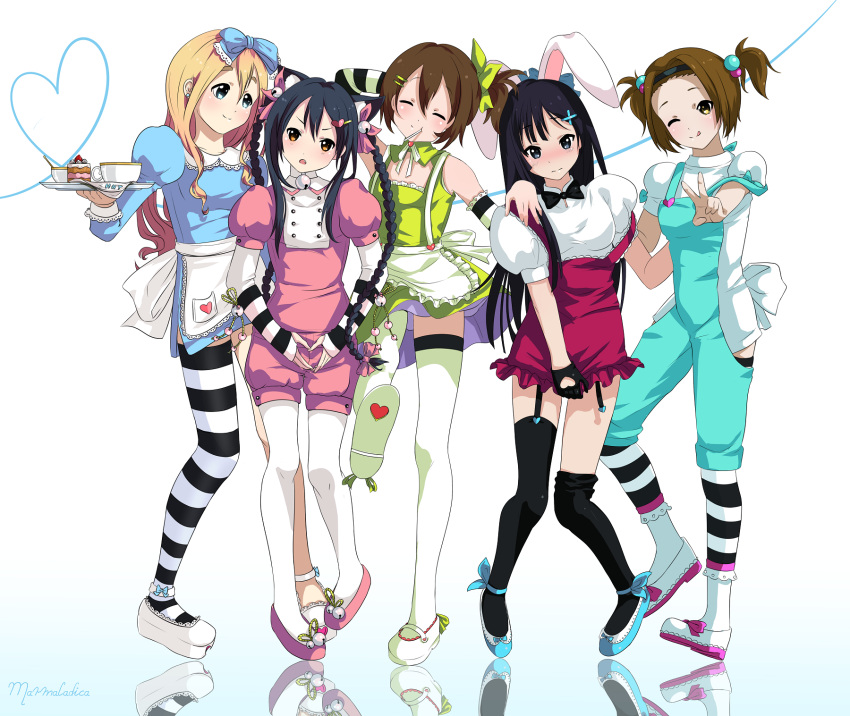 5girls, akiyama_mio, alternate_costume, alternate_hairstyle, animal_ears, black_eyes, black_hair, blonde_hair
