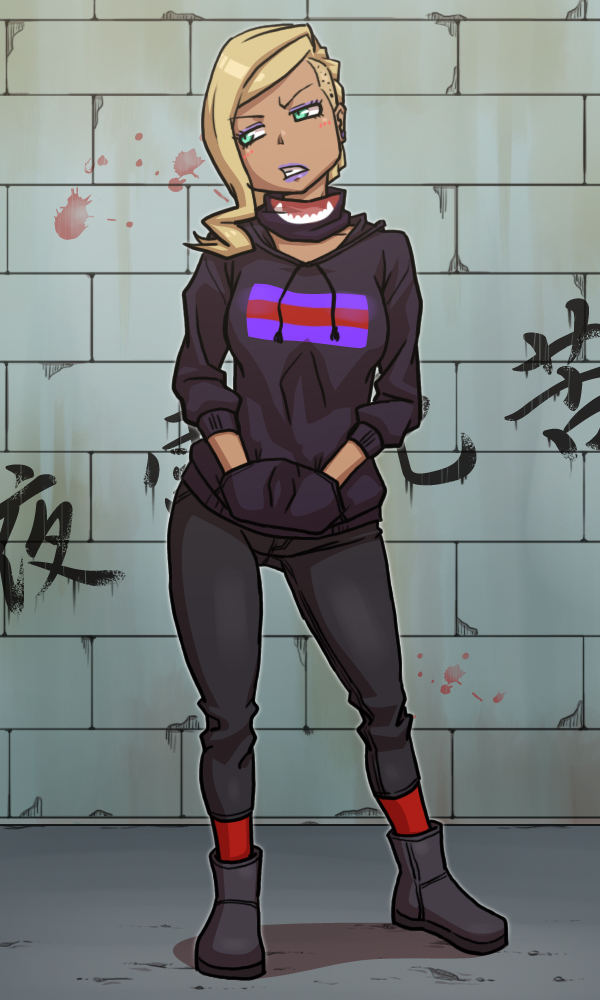 1girl, blonde_hair, blush, boots, breasts, brick_wall, dark_skin, earrings, fashion, graffiti, habatakuhituji, hoodie, jewelry, kogal, lipstick, long_hair, makeup, onoda_yasuri, original, partially_shaved, purple_lipstick, solo