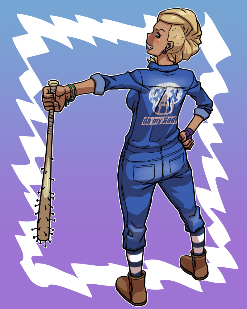 1girl, ass, blonde_hair, boots, breasts, dark_skin, denim_shirt, earrings