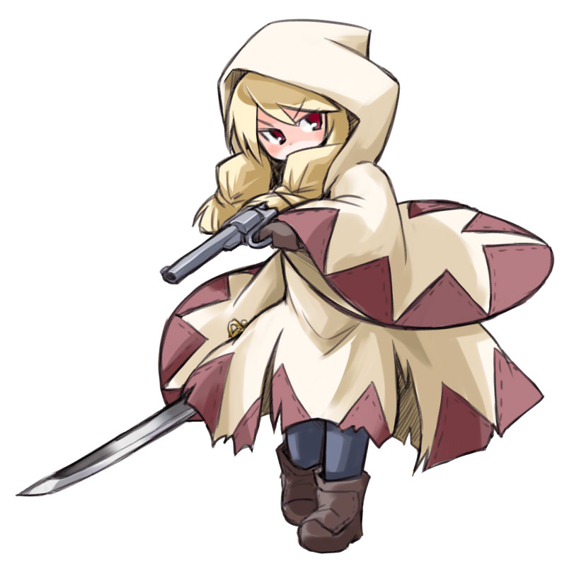 1girl, blonde_hair, final_fantasy, final_fantasy_tactics, gun, hood, kugelschreiber, pantyhose, red_eyes, simple_background, solo, sword, weapon, white_background, white_mage