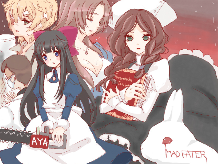 2boys, 3girls, ai-mu, alfred_drevis, aya_drevis, bandages, bangs, black_hair