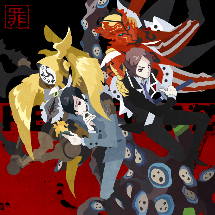 apollo_(persona_2), black_hair, brown_hair, flower, hermes_(megami_tensei), hermes_(persona_2), kuroihato, kurosu_jun