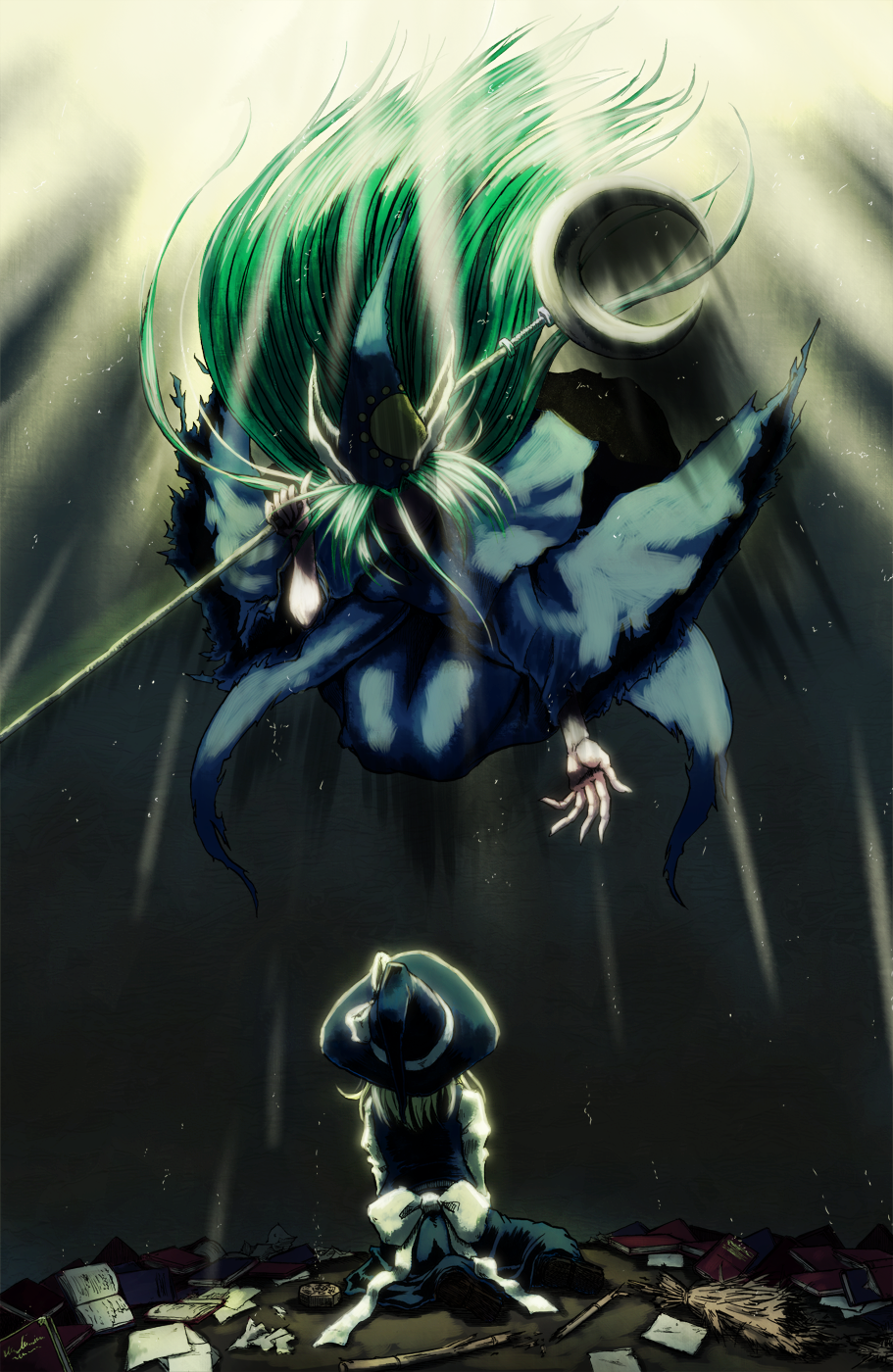 2girls, blonde_hair, book, bow, broken, broom, crescent, flying