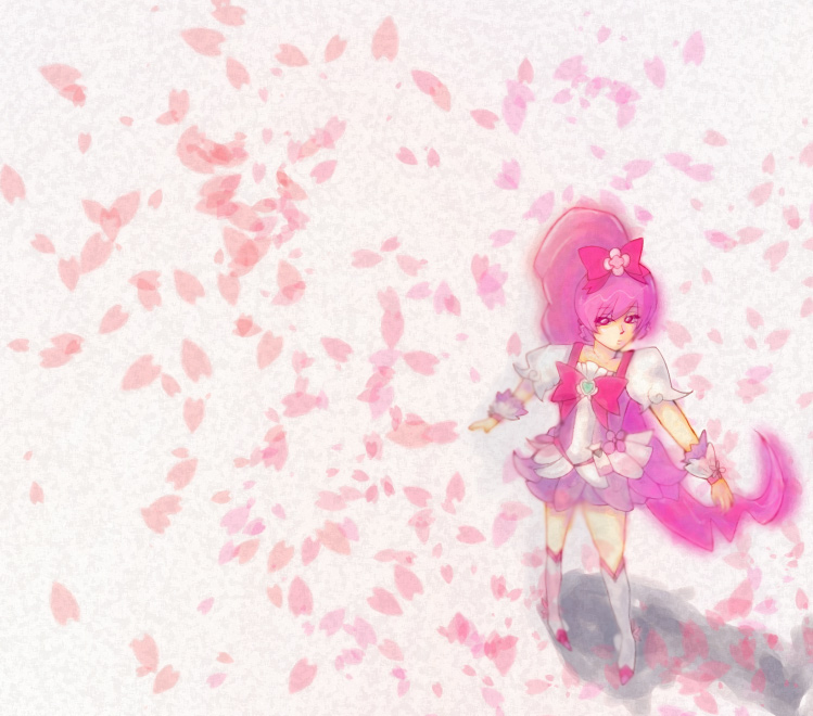 1girl, boots, bow, cherry_blossoms, cure_blossom, flower, from_above, hair_bow, heartcatch_precure!, high_ponytail, knee_boots, long_hair, najisa, petals, pink_bow, pink_eyes, pink_hair, precure, shadow, short_sleeves, solo, very_long_hair, wrist_cuffs