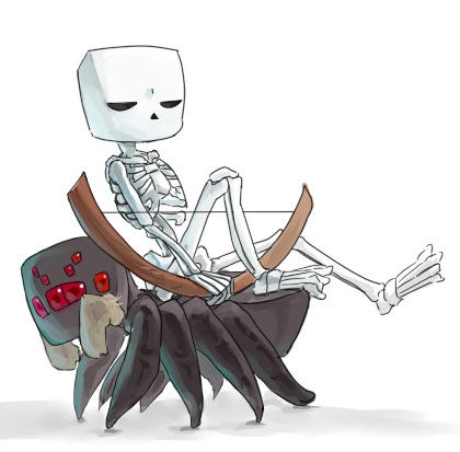 hakkyotyui, looking_at_viewer, lowres, minecraft, simple_background, skeleton_(minecraft), spider_(minecraft), white_background
