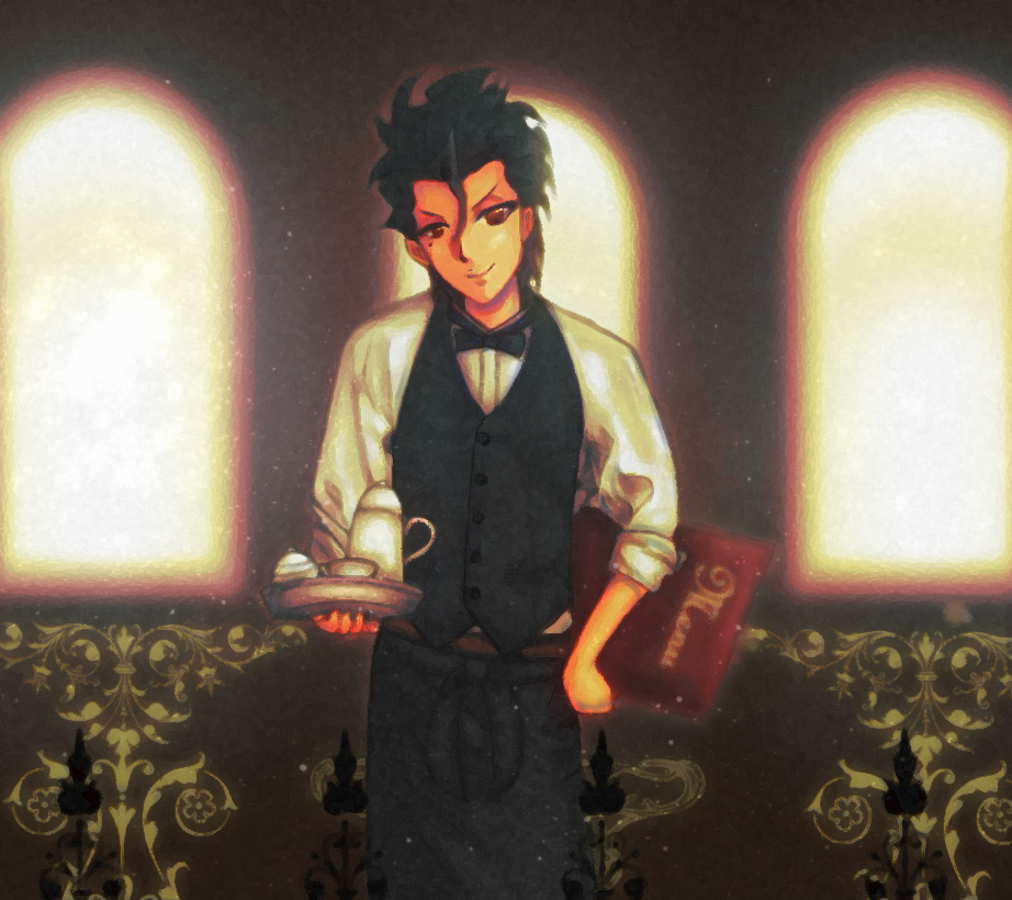 1boy, apron, belt, black_hair, bowtie, dress_shirt, fate/zero, fate_(series), hair_between_eyes, hand_on_hip, indoors, lancer_(fate/zero), light_particles, menu, messy_hair, mole, najisa, red_eyes, shirt, sleeves_pushed_up, smile, solo, sunlight, tea_set, tray, vest, waiter, window
