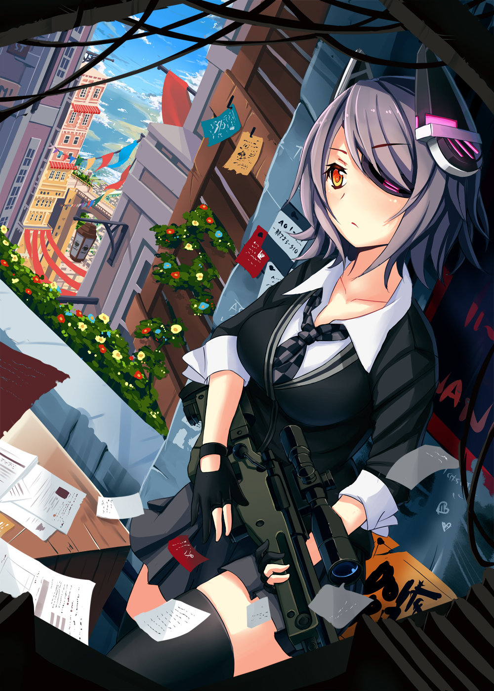 1girl, bolt_action, breasts, eyepatch, fingerless_gloves, gloves, gun, headgear