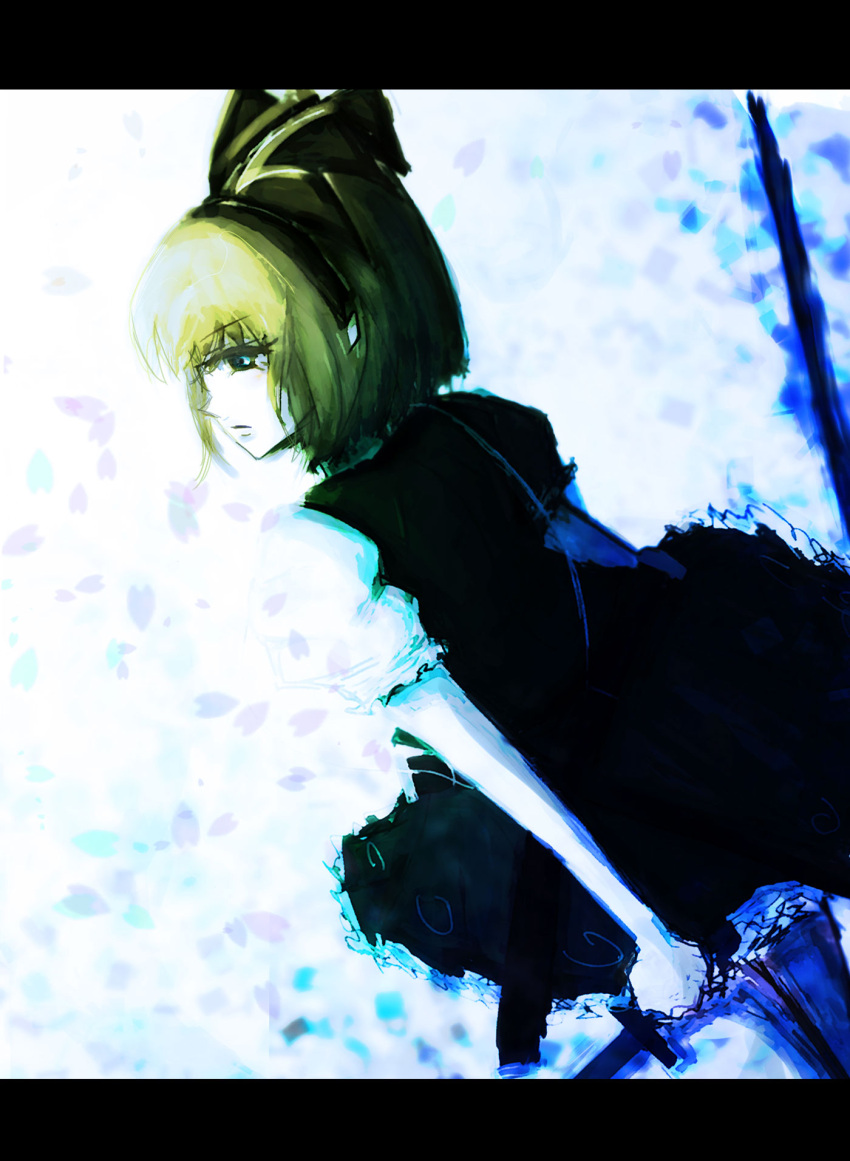 1girl, black_ribbon, blue_eyes, dual_wielding, frilled_sleeves, green_hair, hair_ribbon, highres