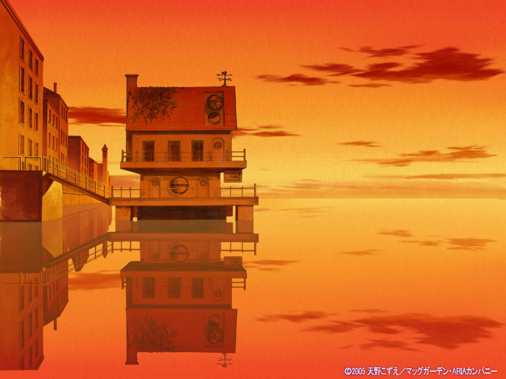 aria, artist_request, building, city, clouds, dawn, no_humans, orange_sky