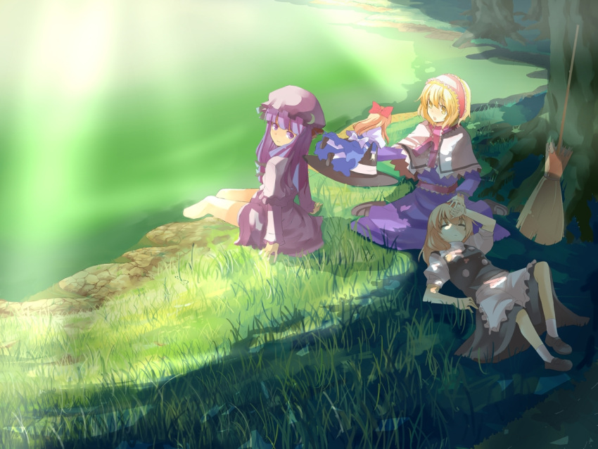 alice_margatroid, blonde_hair, broom, closed_eyes, doll, feet_in_water, grass, hasebe_yu