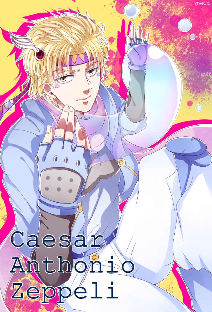 1boy, blonde_hair, blue_jacket, bubble, caesar_anthonio_zeppeli, character_name, facial_mark, feathers