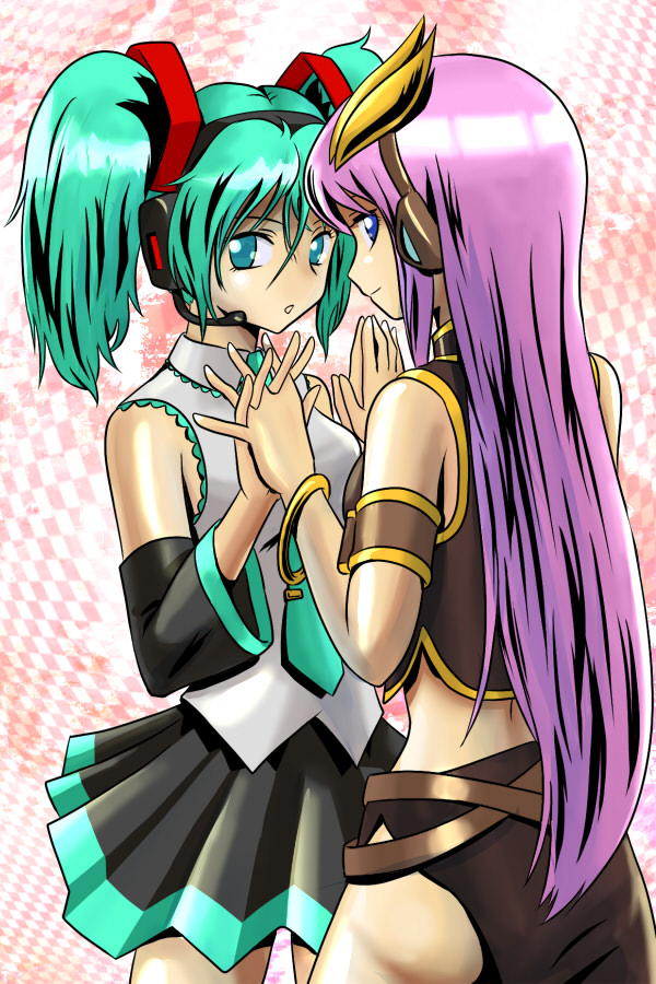 aqua_eyes, aqua_hair, ass, back, blue_eyes, char's_counterattack, char's_counterattack, cosplay, gundam, gundam_seed, hair_ornament, hand_holding, hatsune_miku, hatsune_miku_(cosplay), headset, holding_hands, lacus_clyne, lacus_clyne_(cosplay), long_hair, matirine, megurine_luka, megurine_luka_(cosplay), multiple_girls, pink_hair, quess_paraya, quess_paraya_(cosplay), symmetrical_hand_pose, twintails, vocaloid
