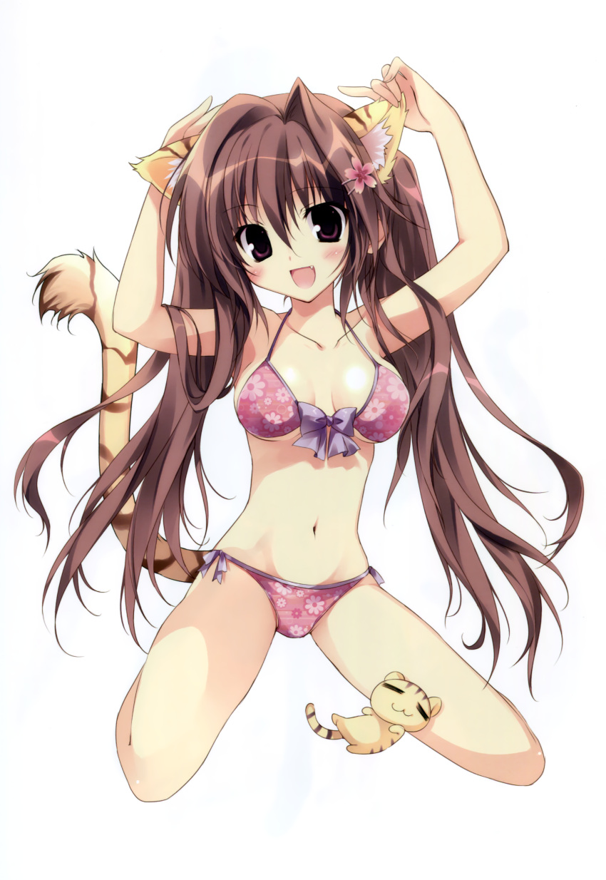 1girl, :d, absurdres, animal_ears, bikini, breasts, brown_hair, chibi