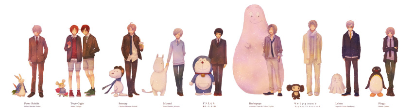 ahoge, america_(hetalia), aviator_cap, axis_powers_hetalia, barbapapa, beagle, bird, black_hair, brown_hair, carrot, character_request, cheburashka, closed_eyes, crossover, doraemon, doraemon_(character), finland_(hetalia), flower, formal, france_(hetalia), goggles, goggles_on_head, grey_hair, highres, holding_hands, japan_(hetalia), kotouke, long_image, long_sleeves, male, mcdonald's, moomin, moomintroll, multiple_boys, necktie, northern_italy_(hetalia), orange_hair, pants, peanuts, penguin, pingu, russia_(hetalia), scarf, shoes, shorts, smile, sneakers, snoopy, southern_italy_(hetalia), suit, sweden_(hetalia), switzerland_(hetalia), topo_gigio, united_kingdom_(hetalia), wide_image