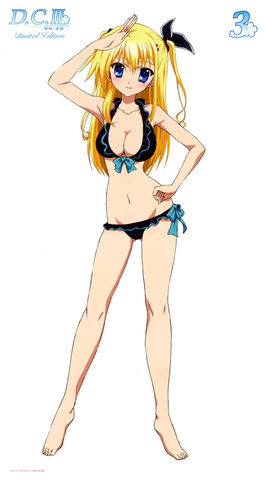 1girl, absurdres, arm_up, bikini, black_bikini, blonde_hair, blu-ray_cover, blue_eyes