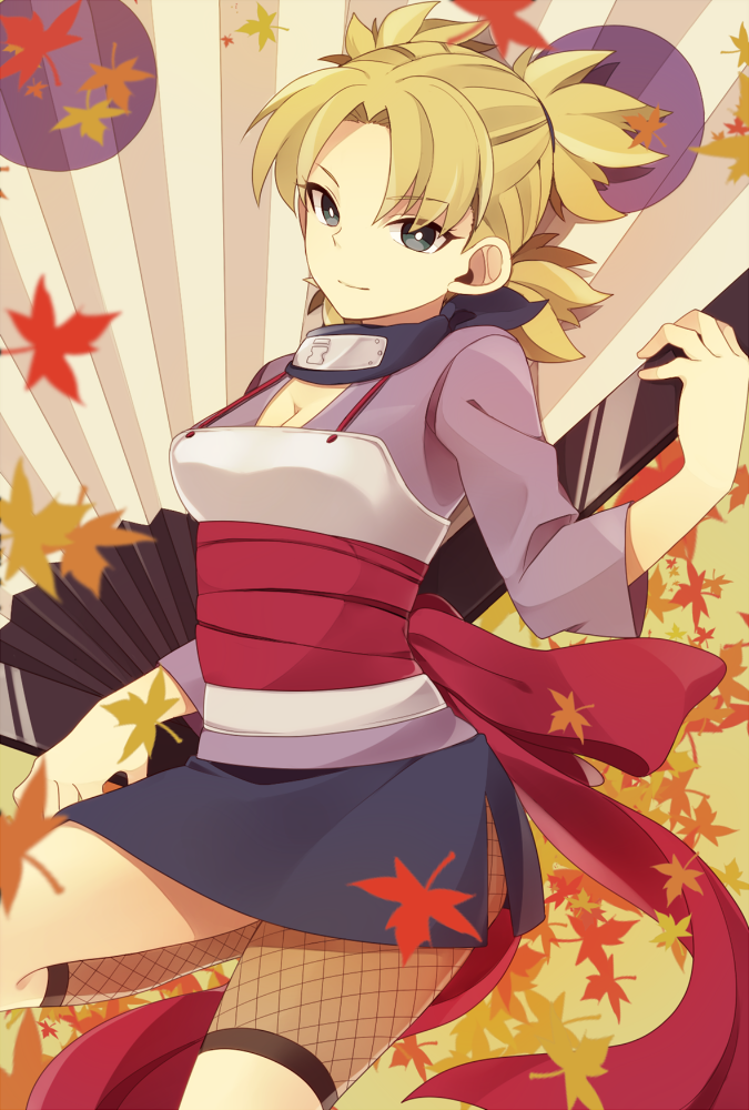 1girl, blonde_hair, fan, fishnets, headband_around_neck, japanese_clothes, long_hair, naruto, obi, quad_tails, saku_anna, solo, temari
