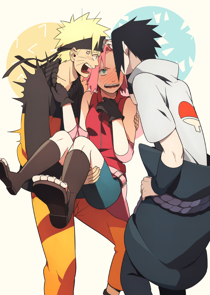 1girl, 2boys, black_hair, blonde_hair, blush, carrying, eye_kiss, forehead_protector