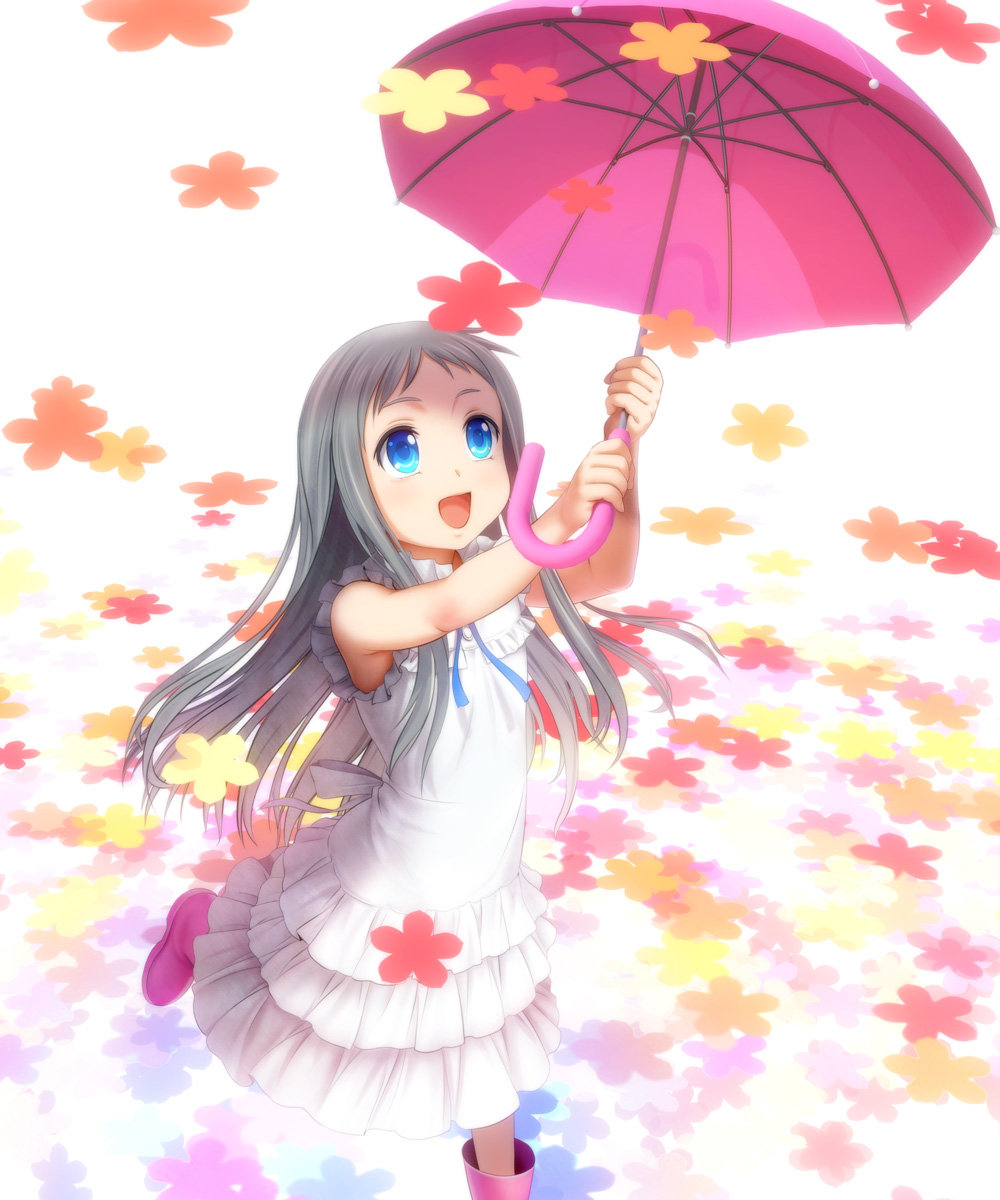 1girl, ano_hi_mita_hana_no_namae_wo_bokutachi_wa_mada_shiranai, blue_eyes, blush, boots, dress, flower, highres