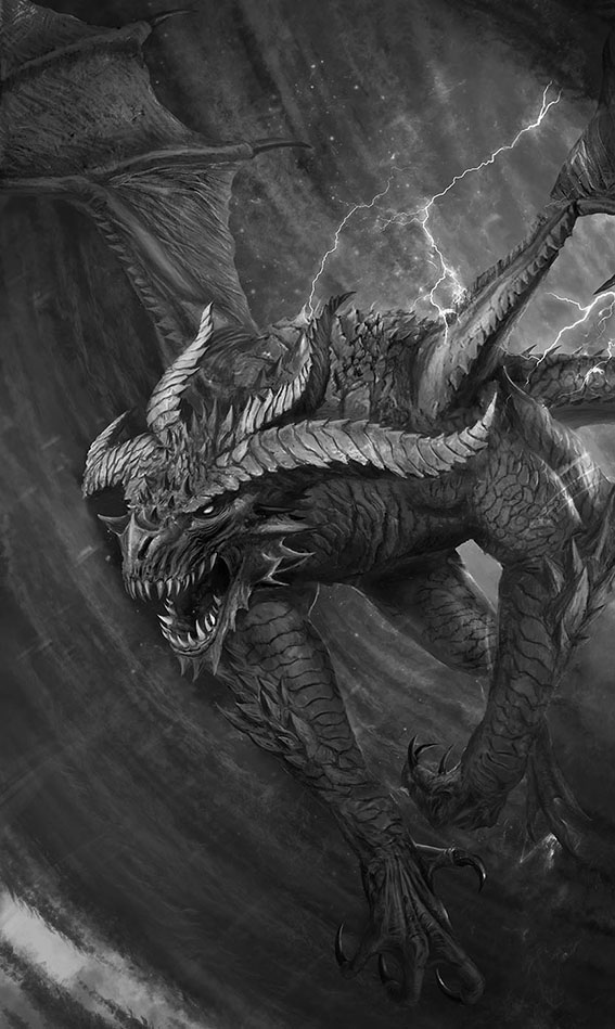 chaos_(warhammer), claws, dragon, epic, horns, lightning, luffie, monochrome
