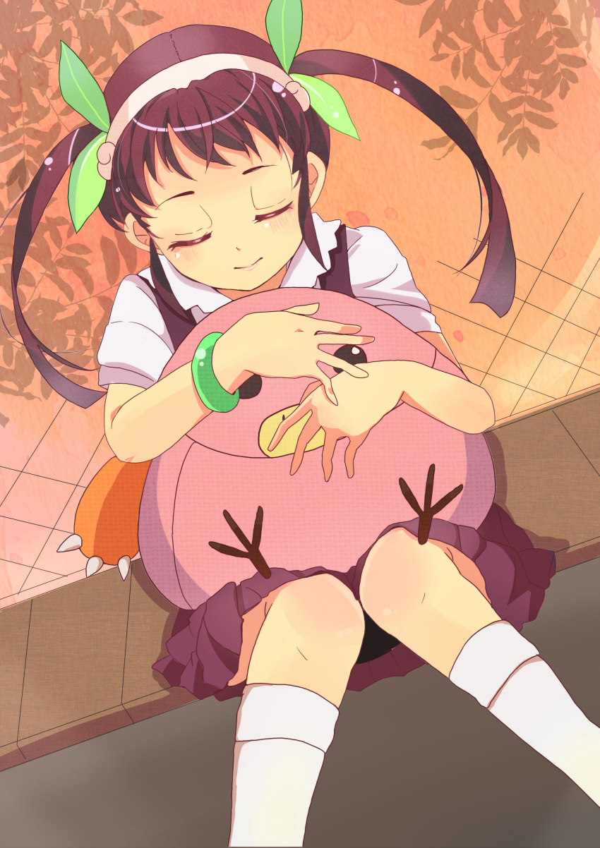1girl, absurdres, backpack, bag, bakemonogatari, black_hair, closed_eyes, hachikuji_mayoi