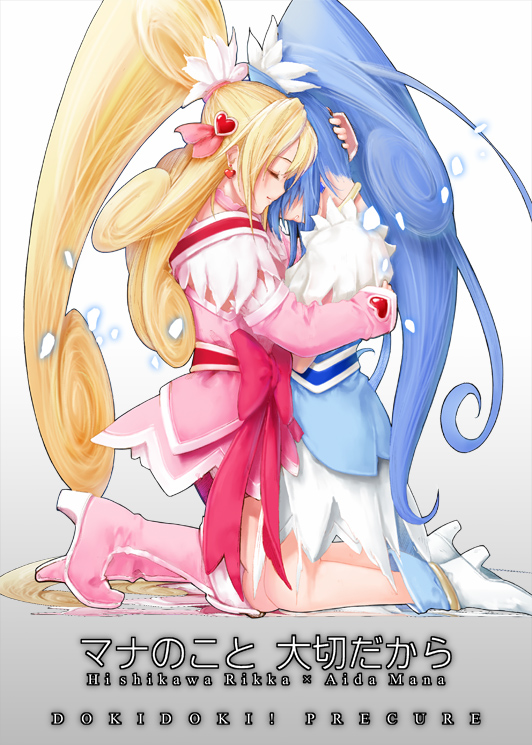 2girls, aida_mana, akisawa_machi, blonde_hair, blue_hair, character_name, closed_eyes, copyright_name